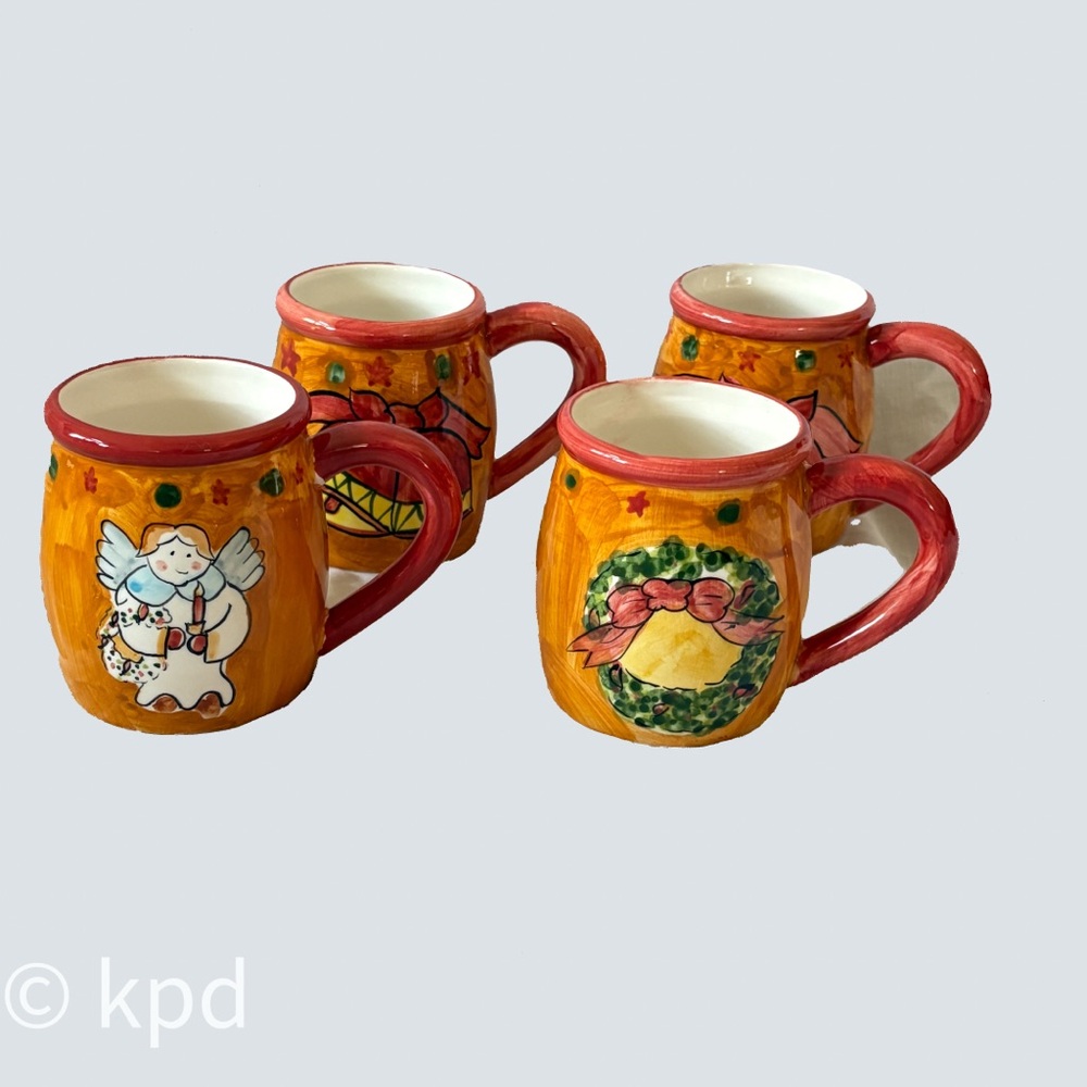 Set of 4 Assorted Vintage Christmas Mugs | Hand Painted Holiday Coffee Cups